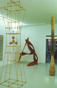 DIRK MARWIG 1996 (Hardwood+wooden pole construction(300cm x 75cm x 60cm), and 2 plywood constructions,Dirk Marwig, Nikolaus Fischer Gallery,Franfkfurt, Germany 1996)