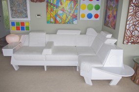 Angel Sofa  (L. : 300cm, H. : 76cm, D. : 108cm, fir + plywood with high gloss enamel and 17 fitted cushions , Dirk Marwig 2011)