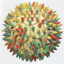 BEACH SOCCER BALL (Soccer ball-found on the beach-, silicone tubing with coloured and sharpened wooden pegs, 25cm x 25cm x 25cm, Dirk Marwig, Madrid 1997)