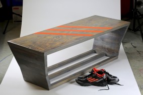 Bench (Reclaimed fir with construction plywood and coloured plywood inlay, oil stain and wax, 43.3cm high, 136.5cm long, 52cm deep, Dirk Marwig 2016)