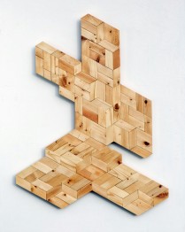 Box Boy (Wall object-116 pieces of fir wood, 97cm x 72.8cm x 3.5cm, Dirk Marwig 2017)