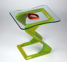 Z-Hop coffee table (Aged and stained fir with custom cut glass top, 46.5cm height x 43.3cm length x 32cm depth, Dirk Marwig 2009)