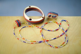 Westmount Bracelet, Ring and Necklace (Plywood, plexi-glass and coloured beads, Dirk Marwig 2018)