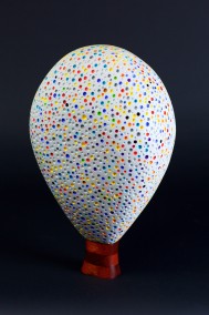 Confetti Head (Perforated hardwood with enamel and oil on bloodwood base, 44.5cm x 25cm x 19cm, Dirk Marwig 2020)