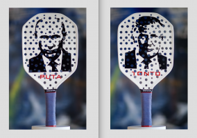 Puta + Tonto “The Axis of Evil” (Plywood pickleball racket with high pigment lacquer and plastic grip, Dirk Marwig 2022)