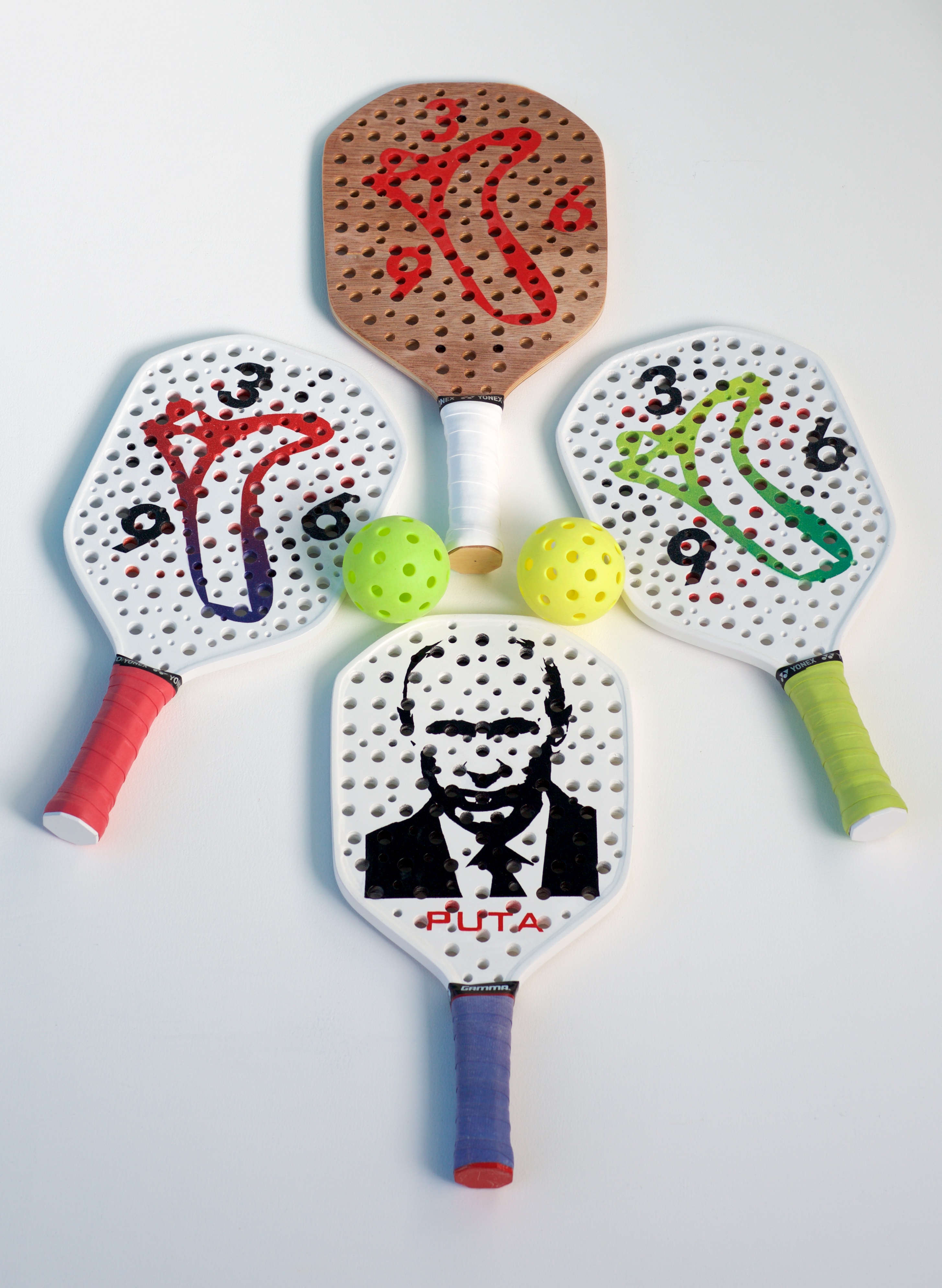 4 New 'Dirk Marwig 369' pickleball rackets.
Made of plywood. *Low in "noise", High in "power and spin".
The only pickleball rackets in the world like this. My Logo and patent.