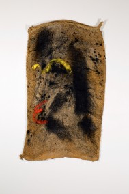 Reverse Mohawk (Oil and ink on a sand sack found on street, 65cm x 34cm, Dirk Marwig 2022)